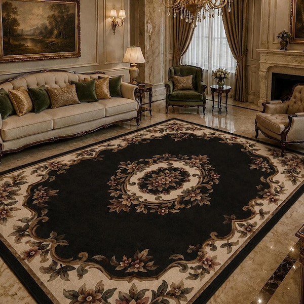 Hand-Tufted Black Floral Medallion Wool Rug, Vintage Designer Carpet, Luxury Floor Decor