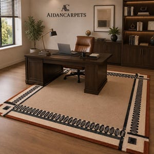 Designed for comfort and durability, this modern floor rug is soft underfoot while maintaining a sleek and polished appearance. The geometric border pattern adds artistic character without overwhelming the room, making it suitable for both large open spaces and compact interiors. Its timeless neutral tones allow effortless styling across all seasons and décor trends.