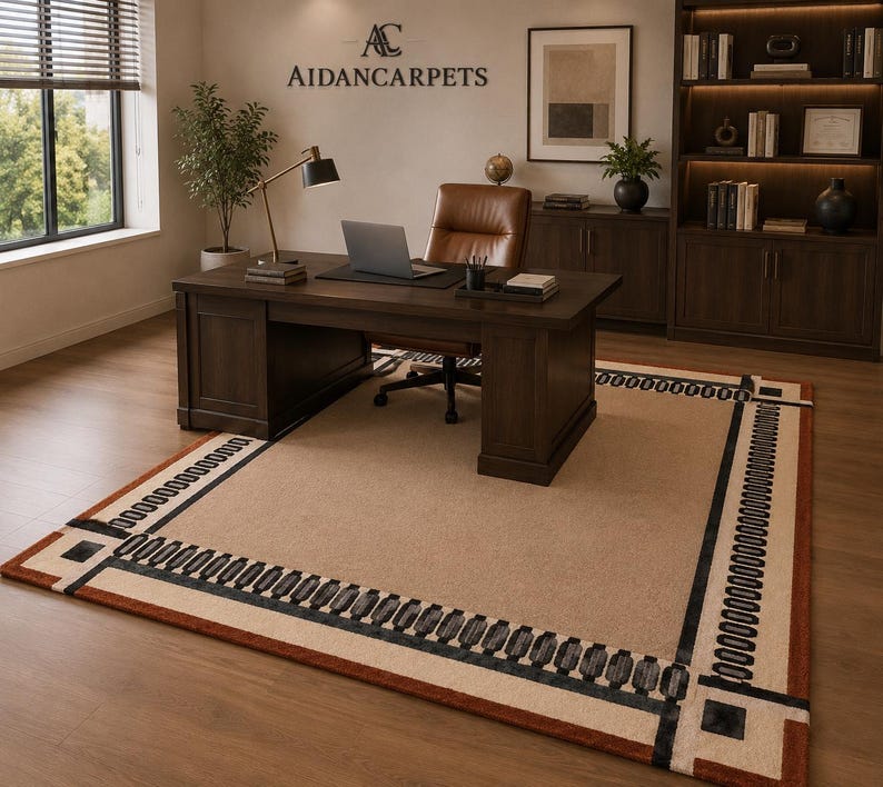 Designed for comfort and durability, this modern floor rug is soft underfoot while maintaining a sleek and polished appearance. The geometric border pattern adds artistic character without overwhelming the room, making it suitable for both large open spaces and compact interiors. Its timeless neutral tones allow effortless styling across all seasons and décor trends.