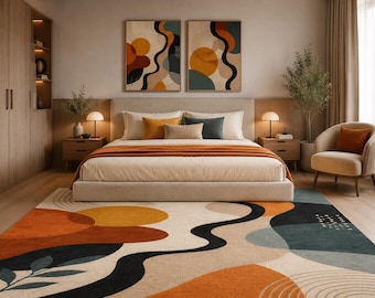 Abstract Geometric Area Rug, Boho Living Room Carpet, Contemporary Bedroom Floor Rug