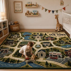 May include: A rectangular area rug featuring a detailed town map design with roads, a river, and buildings labeled Library, Town Hall, School, Cafe, Book Store, Post Office, Park, Bank, Diner, and Fire Station, with the text Welcome to Our Town Est. 1776.