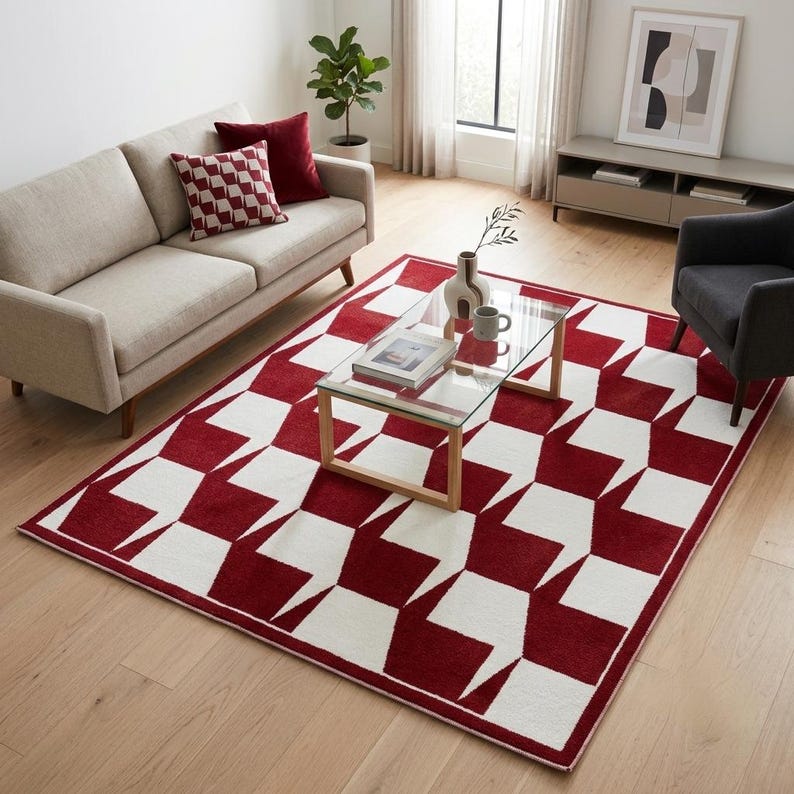 Modern Burgundy and Ivory Geometric Area Rug – Contemporary Abstract ...