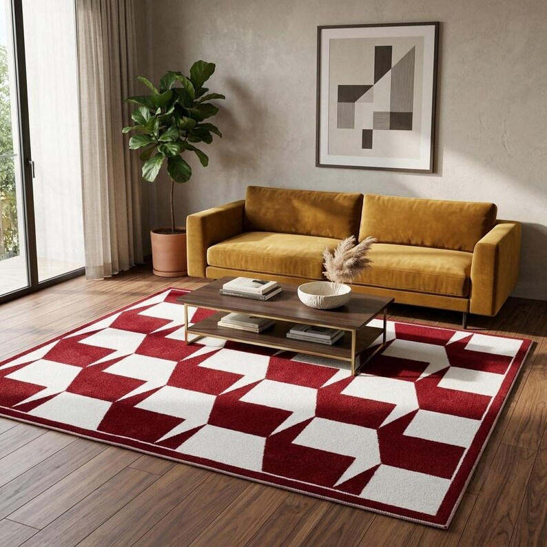 Modern Burgundy and Ivory Geometric Area Rug – Contemporary Abstract ...