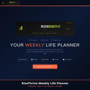 May include: A digital interface for the RiseThrive & Co. weekly life planner featuring a dark blue background with lime green and orange text. The layout includes sections for fitness, hustle, and finance, with buttons for workouts, budget, income, habits, and progress, plus a prominent orange button labelled Start Your Week.