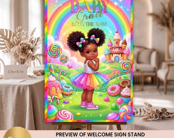 Letrero de bienvenida para baby shower de Rainbow Candyland, plantilla editable de Canva, cartel de bienvenida para baby shower de dulces dulces, decoración para fiesta de baby shower de arcoíris