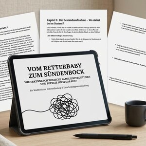 Könnte beinhalten: Ein Tablet mit dem deutschen Titel "Vom Retterbaby zum Sündenbock" und gedruckten Seiten. Ein schwarzer Stift, eine kleine Sukkulente in einem Beton-Topf und eine dunkelgraue Tasse liegen auf der Holzoberfläche.