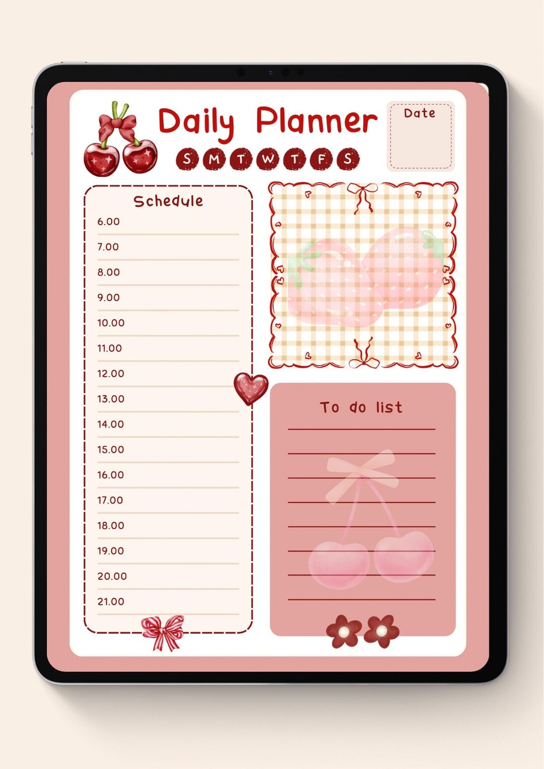 Coquette Daily Planner Printable | Pink Cherry Kawaii Digital PDF ...