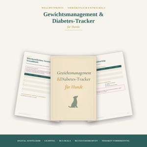 Könnte beinhalten: Ein digitaler Gewichtsmanagement- und Diabetes-Tracker für Hunde, bestehend aus einem zentralen Deckblatt mit Hundesilhouette und zwei aufgeklappten Seiten mit Tabellen, Diagrammen und Feldern zur Gesundheitsüberwachung in einem klaren Design.