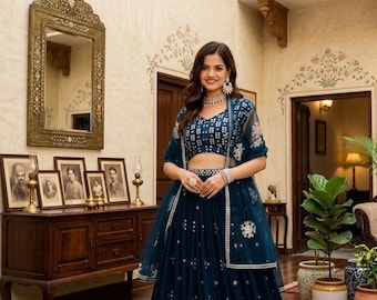 Komplet lehenga z żorżety w kolorze turkusowym z haftem Zari Sequence – Lengha na świąteczne okazje