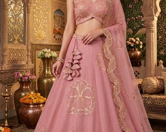 Różowy zestaw Lehenga Choli na imprezę Lengha na zamówienie Lahenga designerska Lehenga świąteczny strój