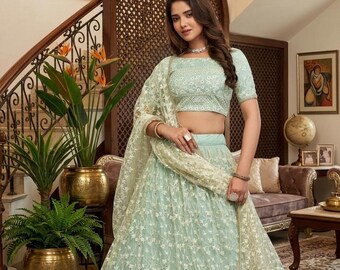 Zestaw Lehenga Choli z siateczki w kolorze Pista Green z haftem indyjskim na wesele Lahenga PartyWear Lengha