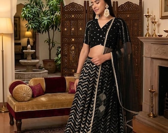 Komplet lehenga z czarnej żorżety z haftem Zari Sequence – Lengha na świąteczne okazje