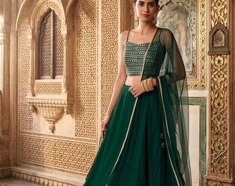 Zielony komplet lehenga z falbanką i żorżetą z haftem Zari Sequence – Lengha na świąteczne okazje