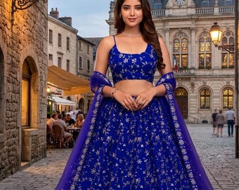 Królewski niebieski komplet Lehenga Choli z dupattą indyjski strój ślubny Chaniya Choli dla dziewcząt