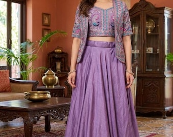 Lawendowa lehenga z koti indyjski strój dla kobiet na wesele Chaniya Choli dla dziewcząt
