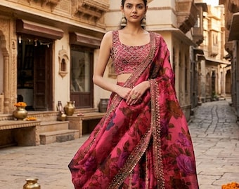 Różowy Organza Lengha Choli Set : Party Wear lahenga Funkcjonalny strój na przyjęcie Haftowane prace