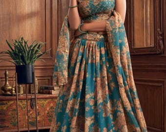 Strój na przyjęcie, organza, lehenga, turkusowo-niebieska, dla kobiet, z kwiatowym wzorem