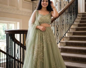 Pista Green Lehenga Choli dla kobiet z USA Sekwencja i haftowana Lengha Mehndi Funkcjonalna odzież Leheanga