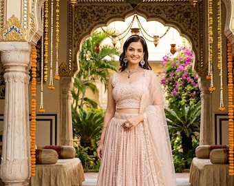 Brzoskwiniowa lehenga choli dla kobiet z żorżety, haftowana lehenga, strój druhny na imprezę lahenga