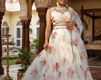 Komplet Lehenga Choli z białej organzy z kwiatowym nadrukiem dla kobiet, na imprezę Sangeet Lengha Choli