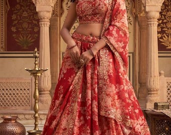 Czerwona organza lehenga dla kobiet w kwiaty, Lengha, strój na przyjęcie