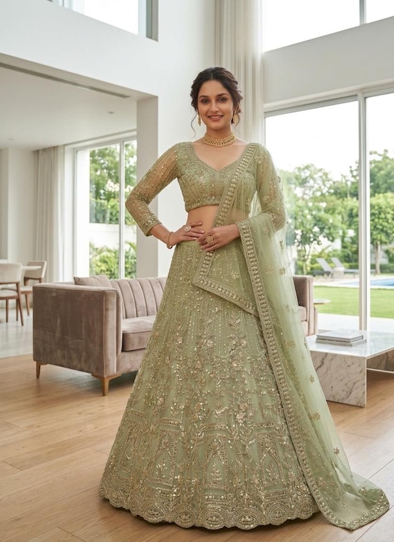 Pista Green Lehenga Choli Set Sequence & Coding Work Indian Wedding Outfit For Women