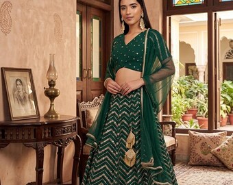 Komplet lehenga z żorżety w kolorze szmaragdowozielonym z haftem Zari Sequence – Lengha na świąteczne okazje
