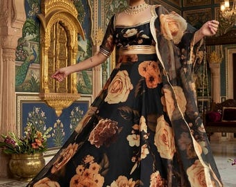 Komplet Lehenga Choli z czarnej organzy z kwiatowym nadrukiem dla kobiet, sangeet, na imprezę, Lengha Choli