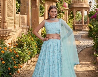 Błękitny komplet Lehenga Choli z żorżetą dupatta, haftowana sukienka funkcyjna na imprezę Lahenga