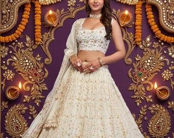 Biały komplet Lehenga Choli z haftowaną żorżetą dupattą, na imprezę, Lehenga