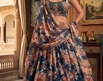 Gołębia niebieska organza lehenga dla kobiet w kwiaty Lengha strój na przyjęcie