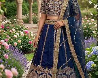 Granatowa Lehenga Choli dla kobiet z haftem, sekwencyjnym wzorem, strój na indyjski ślub