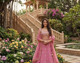 Różowa lehenga choli dla kobiet Zari, haftowana, indyjska suknia ślubna w stylu etnicznym