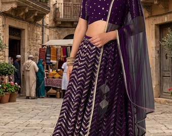 Fioletowy komplet lehenga z żorżety z haftem Zari Sequence – Lengha na świąteczne okazje