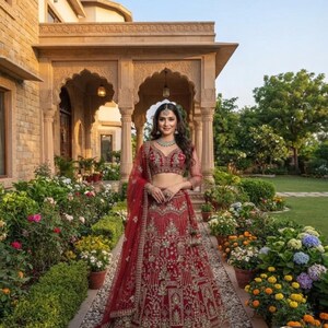 May include: A deep red lehenga choli set featuring intricate gold embroidery, beadwork, and sequin detailing. The ensemble includes a cropped blouse with long sheer sleeves, a voluminous floor-length skirt, and a matching sheer red dupatta.