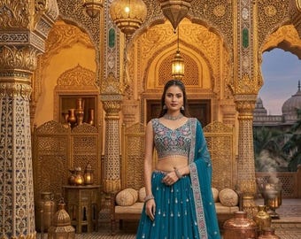 Niebieski komplet Lehenga Choli z dupattą, bogaty haft i sekwencjami, indyjski strój dla kobiet