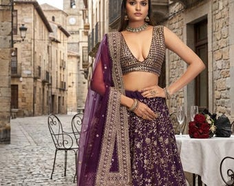 Wino Lehenga Choli dla kobiet Georgette, bogato haftowany Zari, strój na imprezę weselną
