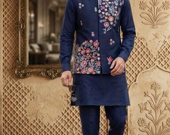 Granatowa piżama kurta z haftowanym koti na indyjskie wesele dla mężczyzn. Zestaw kurta
