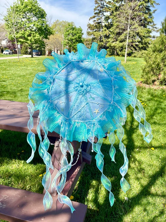 Blue LED Jellyfish Umbrella, Handmade Rave Festival Parasol