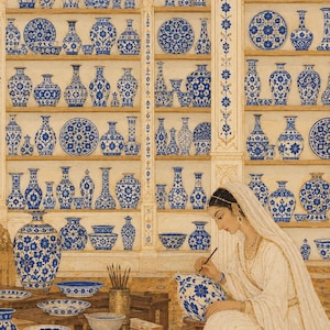 May include: A painting depicting a person in white clothing painting a blue and white floral ceramic vessel. The scene includes shelves filled with numerous blue and white ceramic vases, bowls, and plates, all featuring intricate floral patterns.