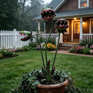 May include: A metal garden sculpture featuring three stylized carnivorous plants with open, toothy mouths. The plants are painted in shades of green and red, with long, slender stems rising from a terracotta-colored planter filled with green foliage.