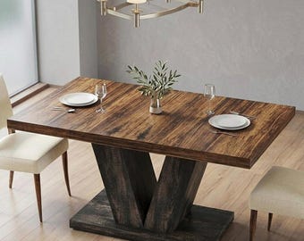 V-vormige consoletafel op sokkel, banktafel in verweerd hout, rustieke boerderij halmeubels