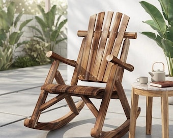 Solid Wood Rocking Chair, Rustic Outdoor Porch Rocker, Wooden Patio Chair, Adirondack Style Garden Seat, Indoor Farmhouse Rocking Chair