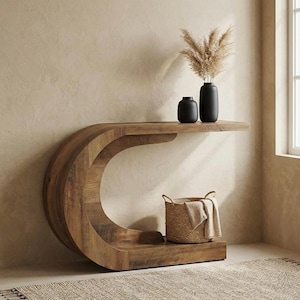 Curved Wood Console Table, C-Shaped Entryway Table, Rustic Hallway Accent Table, Modern Sculptural Sofa Table with Display Shelf