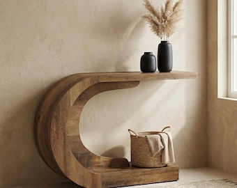 Curved Wood Console Table, C-Shaped Entryway Table, Rustic Hallway Accent Table, Modern Sculptural Sofa Table with Display Shelf