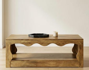 Rustic Wood Coffee Table with Open Storage Shelf, Scalloped Farmhouse Living Room Center Table, 47 Inch Rectangular Accent Table
