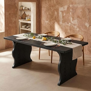Mesa de comedor con pedestal de madera negra, mesa de cocina moderna estilo granja con caballetes, mesa de comedor con base curva para 6 personas.
