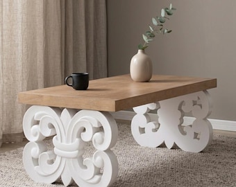 Mesa de centro de madera ornamentada con patas talladas en blanco, mesa de salón de estilo campestre francés, mesa de centro de granja barroca, mueble llamativo