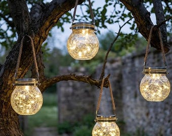Set di 4 lampade solari in vetro effetto craquelé, lanterne solari da appendere per giardino, albero, patio, lampade a LED a luce calda in barattoli, decorazioni per esterni e balconi.