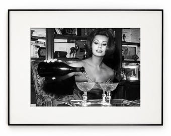Stampa di Sophia Loren per Capodanno 1963, opera d'arte in bianco e nero, stampa vintage, stampe fotografiche, stampa fotografica d'arte